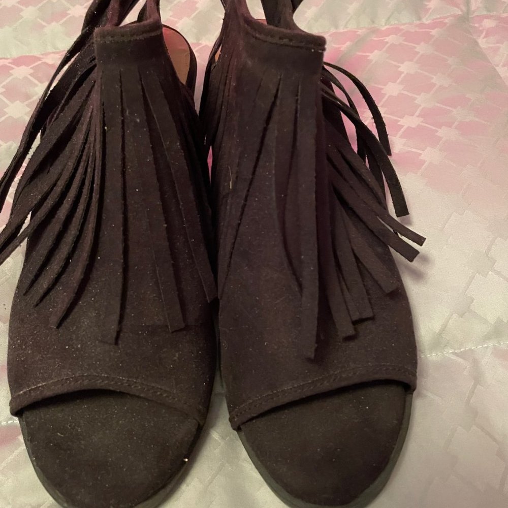 Lindsay Phillips Black Suede Fringed Shoe
